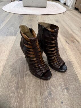 Frye Dark Brown Leather Strappy Peep-Toe Heels
